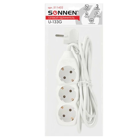Удлинитель SONNEN PSW-503 3 розетки с заземлением, 3м, белый арт.0704-007